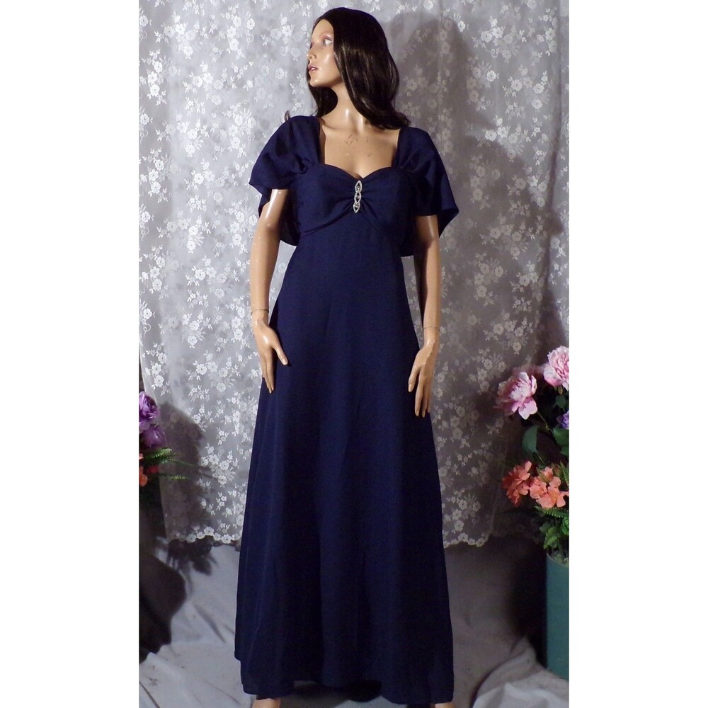 Vintage 80s Alfred Angelo Navy Blue Evening Gown Cape Sleeve Formal Dress Size S
